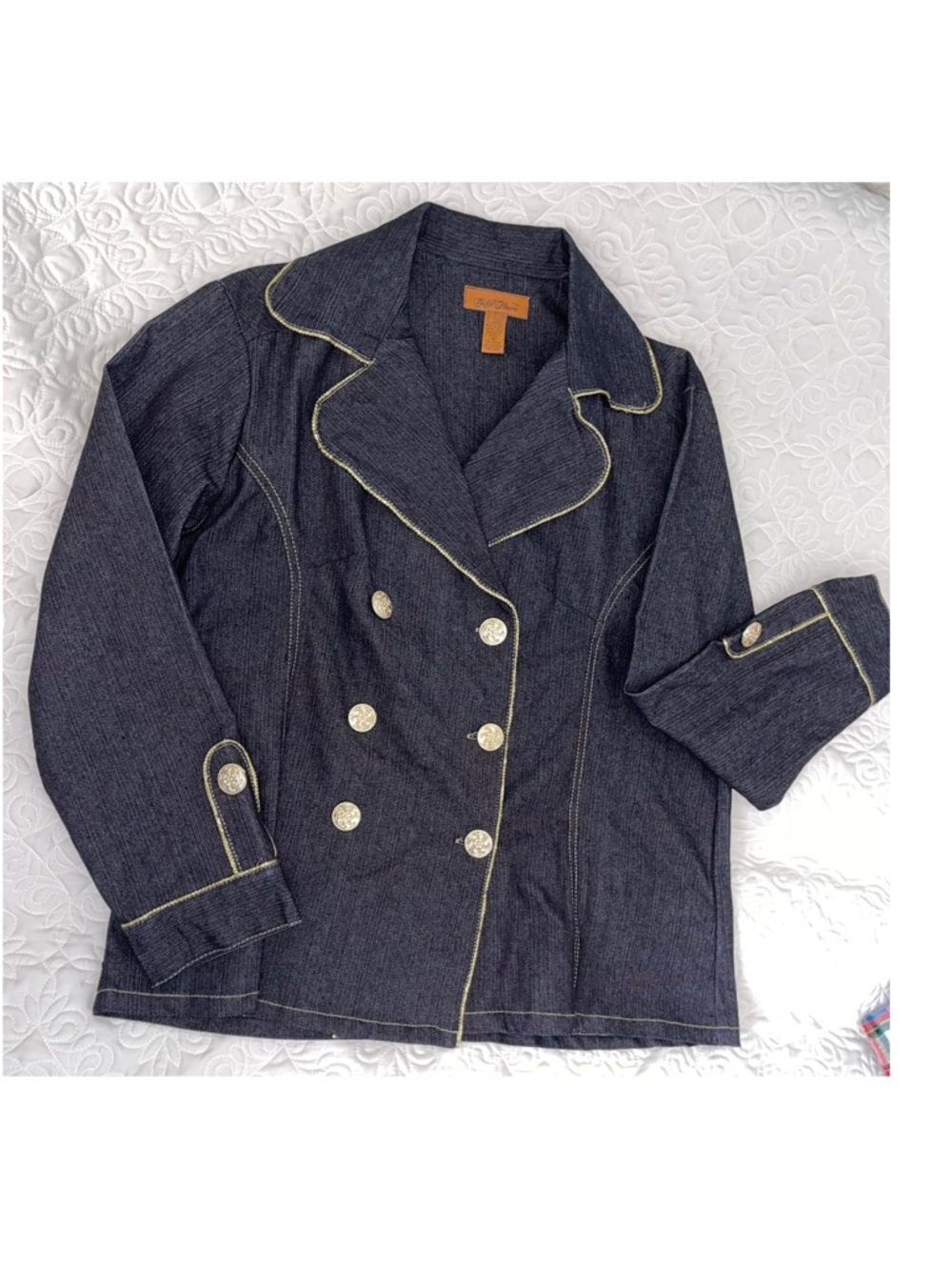 Dark Denim Double-Breasted Jean Jacket with Contrast Stitching